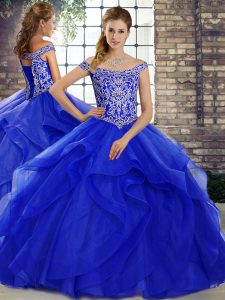Amazing Ball Gowns Sleeveless Royal Blue Quinceanera Dress Brush Train Lace Up