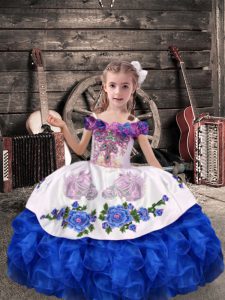 Amazing Floor Length Royal Blue Little Girls Pageant Gowns Organza Sleeveless Beading and Embroidery and Ruffles