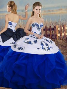 Clearance Royal Blue Sleeveless Floor Length Embroidery and Ruffles and Bowknot Lace Up 15 Quinceanera Dress