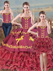 Wonderful Burgundy Sweet 16 Dress Satin and Organza Brush Train Sleeveless Embroidery and Ruffles