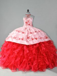 Beauteous Red Ball Gowns Organza Halter Top Sleeveless Embroidery and Ruffles Lace Up Sweet 16 Quinceanera Dress Court Train