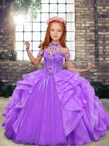 Off The Shoulder Sleeveless Lace Up Child Pageant Dress Lavender Organza