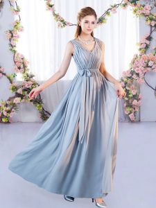 Custom Fit Grey Empire Chiffon V-neck Sleeveless Belt Floor Length Lace Up Dama Dress for Quinceanera