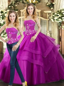 Simple Strapless Sleeveless Tulle 15th Birthday Dress Beading and Ruffles Lace Up