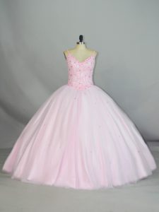 Baby Pink 15 Quinceanera Dress Sweet 16 and Quinceanera with Beading and Lace Straps Sleeveless Lace Up