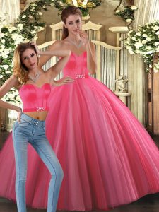 Unique Coral Red Ball Gowns Tulle Sweetheart Sleeveless Beading Floor Length Lace Up Quinceanera Dress