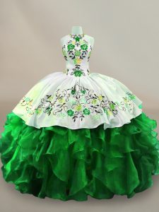 Green Organza Lace Up Halter Top Sleeveless Floor Length Quinceanera Gown Embroidery and Ruffles