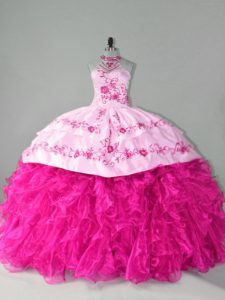 Dramatic Hot Pink Sweet 16 Dresses Organza Court Train Sleeveless Embroidery and Ruffles