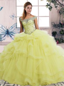 Great Floor Length Ball Gowns Sleeveless Yellow Quinceanera Dresses Lace Up