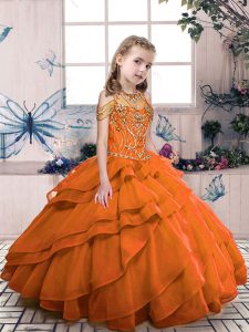Orange Red Sleeveless Floor Length Beading Lace Up Girls Pageant Dresses