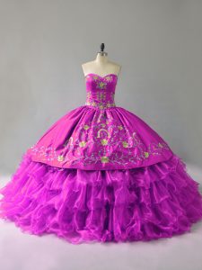 Cute Purple Ball Gowns Sweetheart Sleeveless Organza Floor Length Lace Up Embroidery and Ruffles Quinceanera Dress
