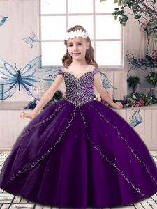 High Class Eggplant Purple Straps Neckline Beading Little Girls Pageant Dress Sleeveless Lace Up