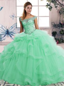 Fantastic Floor Length Lace Up Quinceanera Dresses Apple Green for Military Ball and Sweet 16 and Quinceanera with Beading and Ruffles