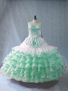 Edgy Apple Green Lace Up Quinceanera Gown Embroidery and Ruffled Layers Sleeveless Floor Length