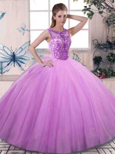 Pretty Tulle Scoop Sleeveless Lace Up Beading Quinceanera Gown in Lilac