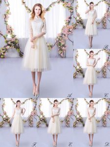 Tea Length Champagne Court Dresses for Sweet 16 Tulle Half Sleeves Lace