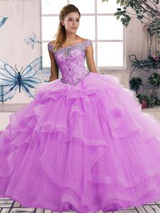 Discount Beading and Ruffles Sweet 16 Dresses Lilac Lace Up Sleeveless Floor Length