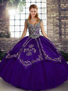 Inexpensive Purple Straps Neckline Beading and Embroidery Quinceanera Gown Sleeveless Lace Up