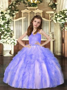 Dazzling Lavender Ball Gowns Straps Sleeveless Tulle Floor Length Lace Up Ruffles Little Girls Pageant Gowns