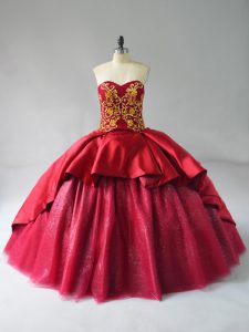 Wine Red Ball Gown Prom Dress Sweet 16 and Quinceanera with Beading and Embroidery Sweetheart Sleeveless Court Train Lace Up
