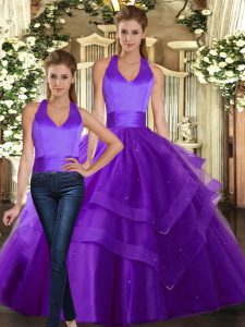 Ideal Floor Length Lace Up Quinceanera Gowns Purple for Sweet 16 and Quinceanera with Ruffled Layers