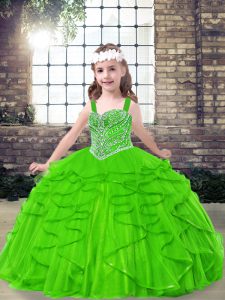 Ball Gowns Tulle Straps Sleeveless Beading and Ruffles Floor Length Side Zipper Little Girl Pageant Gowns