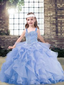 Exquisite Sleeveless Tulle Floor Length Lace Up Pageant Dress for Girls in Lavender with Beading and Ruffles