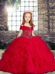 Top Selling Red Straps Neckline Beading and Ruffles Kids Pageant Dress Sleeveless Lace Up