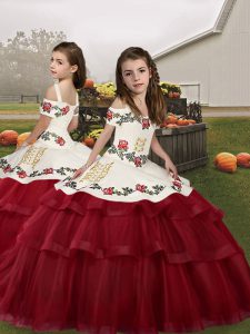 Wine Red Lace Up Kids Formal Wear Embroidery Sleeveless Floor Length