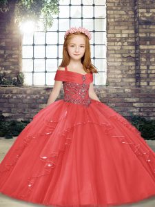 Tulle Straps Sleeveless Lace Up Beading and Ruffles Girls Pageant Dresses in Coral Red