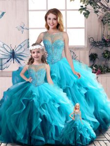Tulle Scoop Sleeveless Lace Up Beading and Ruffles Quinceanera Dresses in Aqua Blue
