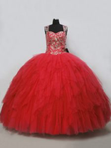 Glittering Sleeveless Floor Length Beading and Ruffles Lace Up Sweet 16 Quinceanera Dress with Red
