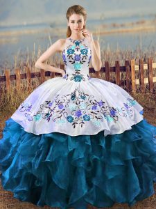 Blue And White Ball Gowns Organza Halter Top Sleeveless Embroidery Floor Length Lace Up Quinceanera Gowns