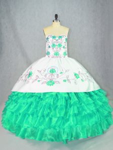Simple Turquoise Lace Up Quinceanera Gown Embroidery and Ruffled Layers Sleeveless Floor Length