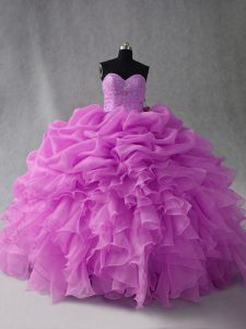 Fine Floor Length Lilac Quince Ball Gowns Organza Sleeveless Beading and Ruffles and Pick Ups