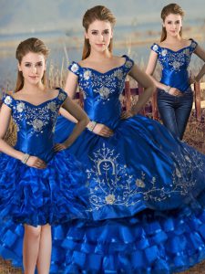 Satin and Organza Off The Shoulder Sleeveless Lace Up Embroidery and Ruffled Layers Sweet 16 Quinceanera Dress in Royal Blue