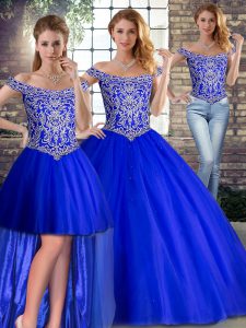 Latest Sleeveless Tulle Brush Train Lace Up Quince Ball Gowns in Royal Blue with Beading