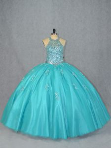 Nice Aqua Blue Tulle Lace Up Quinceanera Dress Sleeveless Floor Length Beading