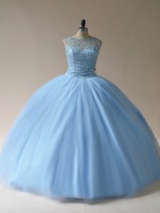 Scoop Sleeveless Lace Up 15 Quinceanera Dress Light Blue Tulle