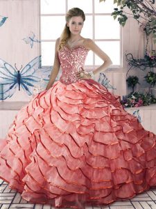 Custom Designed Watermelon Red Ball Gowns Beading and Ruffled Layers Sweet 16 Dress Lace Up Organza Sleeveless
