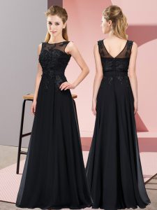 Fashion Black Chiffon Zipper Scoop Sleeveless Floor Length Quinceanera Court of Honor Dress Beading and Appliques