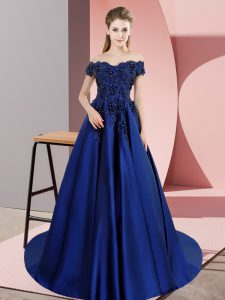 Colorful Blue Off The Shoulder Zipper Lace Quinceanera Dresses Court Train Sleeveless