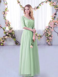 Half Sleeves Tulle Floor Length Side Zipper Dama Dress in Apple Green with Lace and Belt