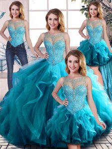 Scoop Sleeveless Lace Up Sweet 16 Quinceanera Dress Aqua Blue Tulle