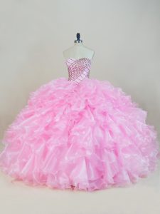 Most Popular Organza Sweetheart Sleeveless Lace Up Beading and Ruffles Vestidos de Quinceanera in Baby Pink