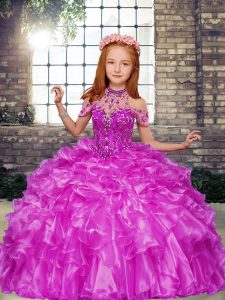 Floor Length Lace Up Child Pageant Dress Lilac for Party and Military Ball and Wedding Party with Beading and Ruffles