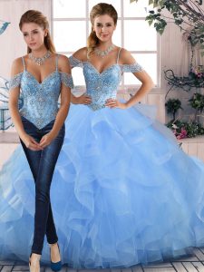 Graceful Sleeveless Beading and Ruffles Lace Up Quinceanera Gown