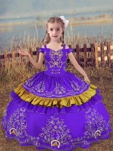 Best Floor Length Lavender Little Girls Pageant Dress Satin Sleeveless Beading and Embroidery