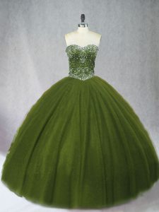 Olive Green Lace Up Quinceanera Dresses Beading Sleeveless Floor Length