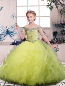 Floor Length Side Zipper Kids Formal Wear Yellow Green for Party and Sweet 16 and Wedding Party with Beading